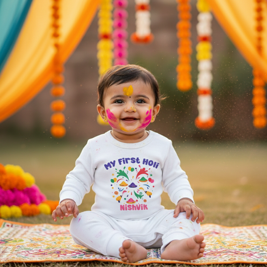 New Born & Baby Clothing | Baby My First Holi Dress with Customized Baby Name | Soft Cotton Dress
