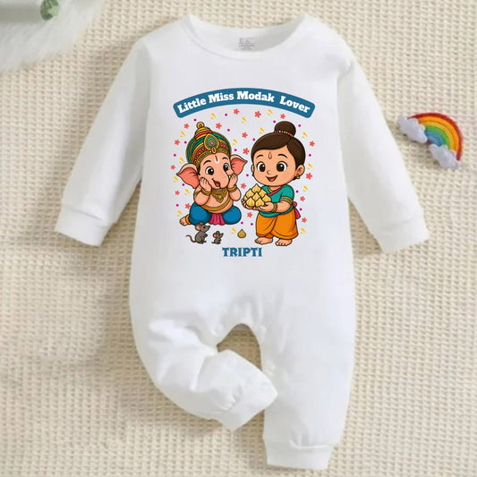 Little Miss Modak Lover with customised name_ Full White Romper