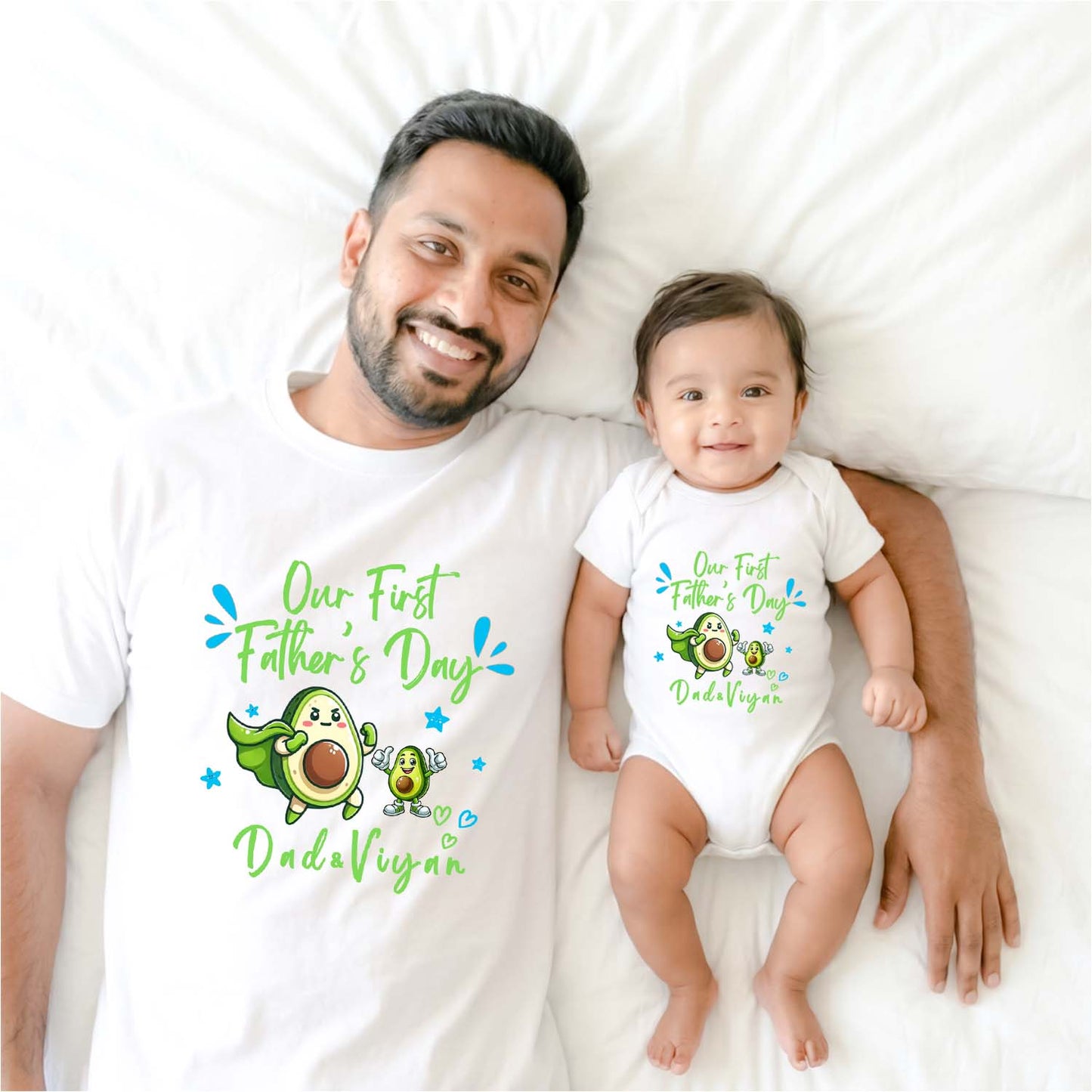New Born & Baby Clothing | Our First Father's Day Together With Customized Baby Name Twinning | Soft White T-shirt
