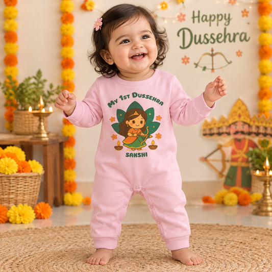 My First Dussehra Romper With Customized Baby Girl Name _ Full Pink Romper