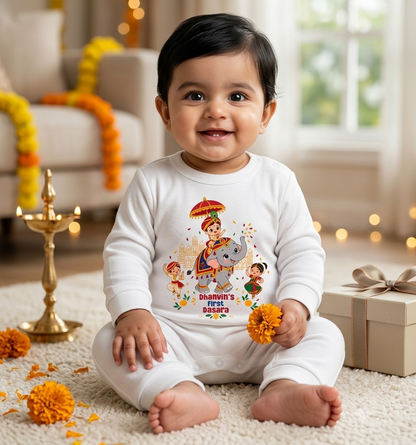 First Dussehra With Customized Baby Boy Design with Name _ Full White Romper