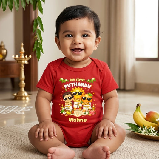 New Born & Baby Clothing | My First Puthandu With Customized Baby Name Red Dress | Soft Cotton