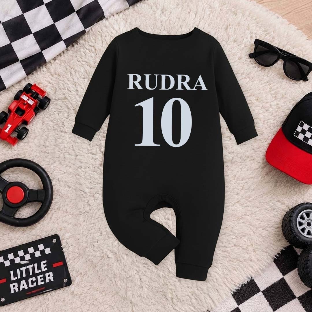 New Born & Baby clothing | Little Racer – Personalized Racing Romper with Customized Baby Name Printed | Soft Black Full Romper Cotton