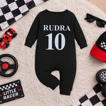 New Born & Baby clothing | Little Racer – Personalized Racing Romper with Customized Baby Name Printed | Soft Black Full Romper Cotton
