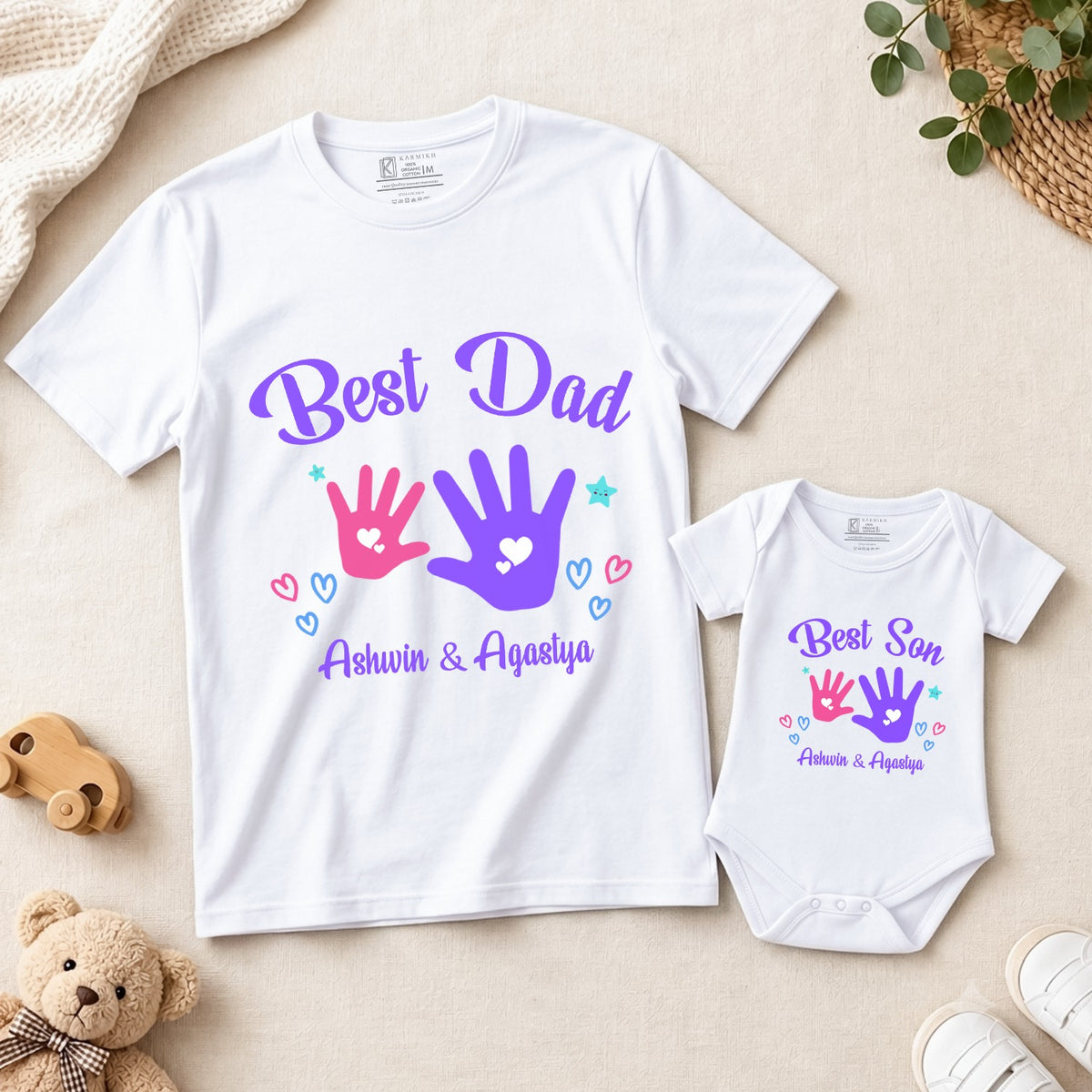 New Born & Baby Clothing | Best Dad & Son Together With Custom Baby & Father Name Handprints Design Combo | Soft T-shirt