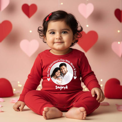 New Born & Baby Clothing | Baby’s First Valentine Outfit – With Mom & Dad With Image and Customizes Name Red Romper | Soft Cotton