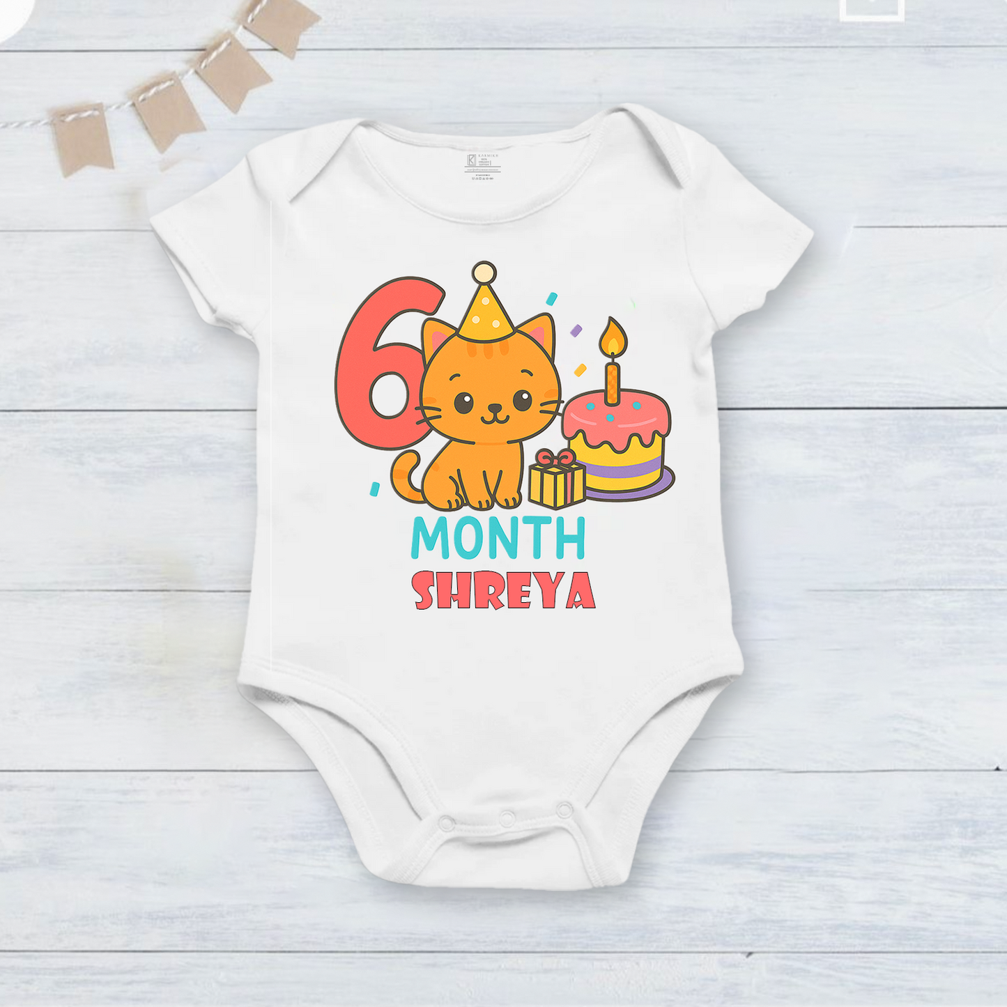Infant monthly birthday 12 Months of Love cute cat design_ Customized name White Onesie
