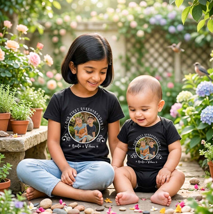 Combo pack of Our First Raksha Bandhan with Customised Name & Picture_ Black Tees & Onesie