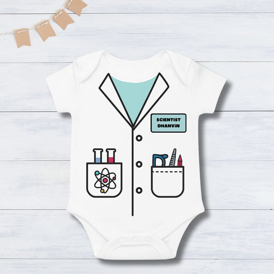 Little Scientist – Future Hero Outfit with customized baby name_ White Onesie