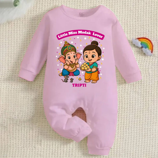Little Miss Modak Lover with customised name_ Full Pink Romper