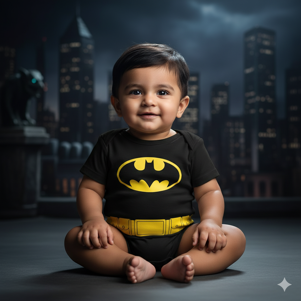 Little Bat Baby Hero Style Costume Outfit  Cartoon With Customized Baby Name _ Black Romper
