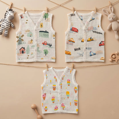 New Born & Baby Clothing | Sleeveless Muslin Baby Dress (0-3 Months) Cute Print Seventh Combo | Soft Cotton