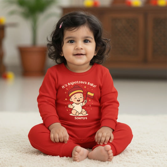 It's Rajyotsava Baby ... ! With Customized Baby Name  _ Red Full Romper