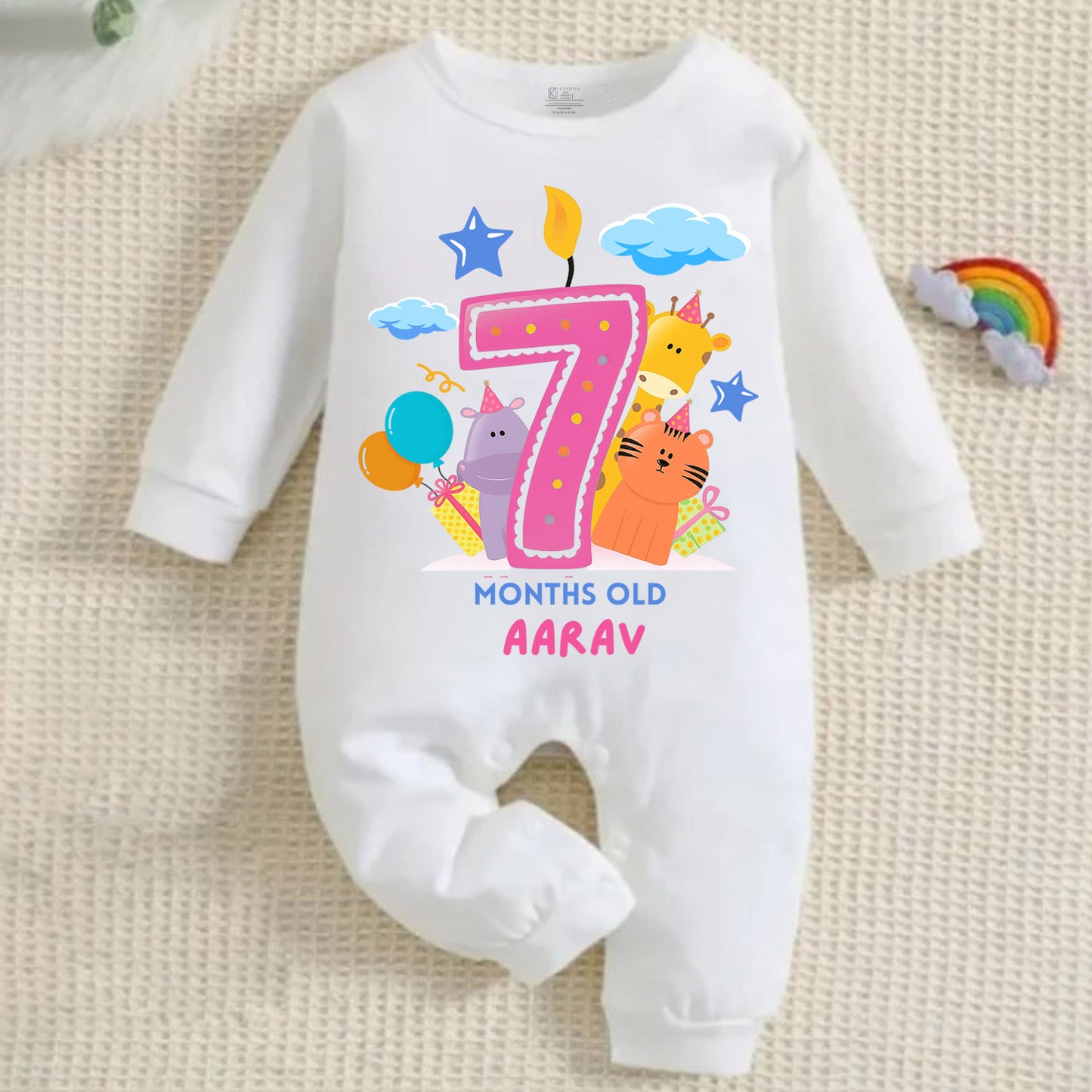 Infant monthly birthday 12 Months of Love Full White Onesie with customised baby name