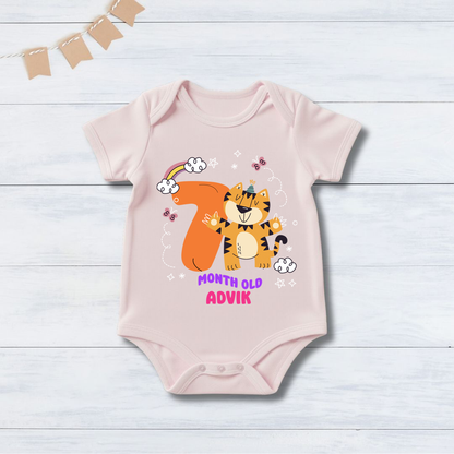 Infant monthly birthday 12 Months of Baby Tiger _ Customized name Pink Onesie