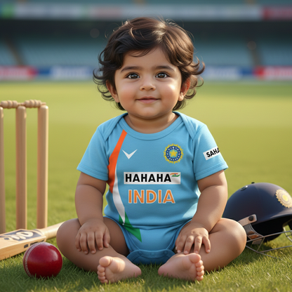 New Born & Baby clothing | Cricketer Indian jersey Inspired Baby Photoshoot Outfit for Baby with Customized Baby Name Printed | Soft Cotton