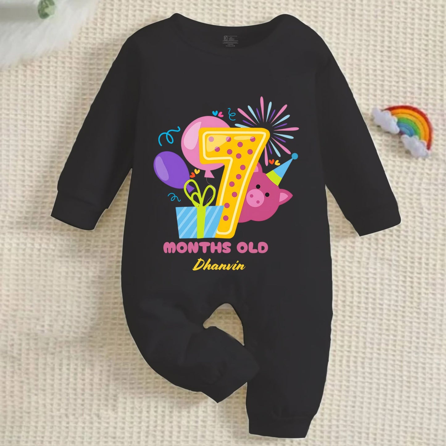 Infant monthly birthday 12 Months of Love Full Black Onesie with customised baby name