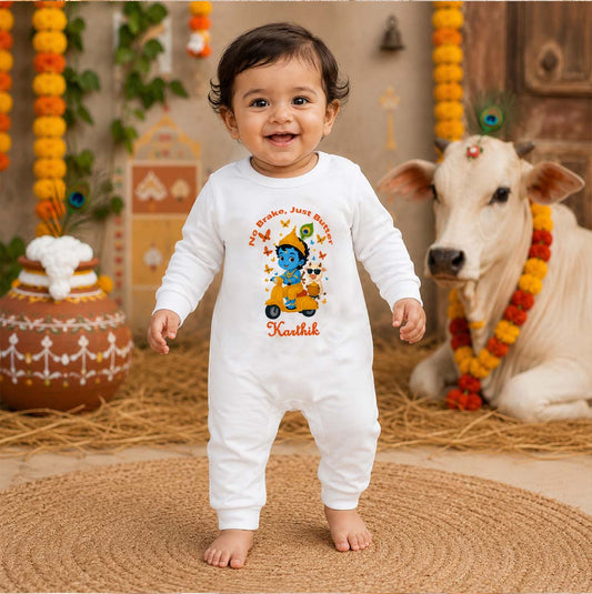 No Brake just butter with customised baby name_ White Full Romper
