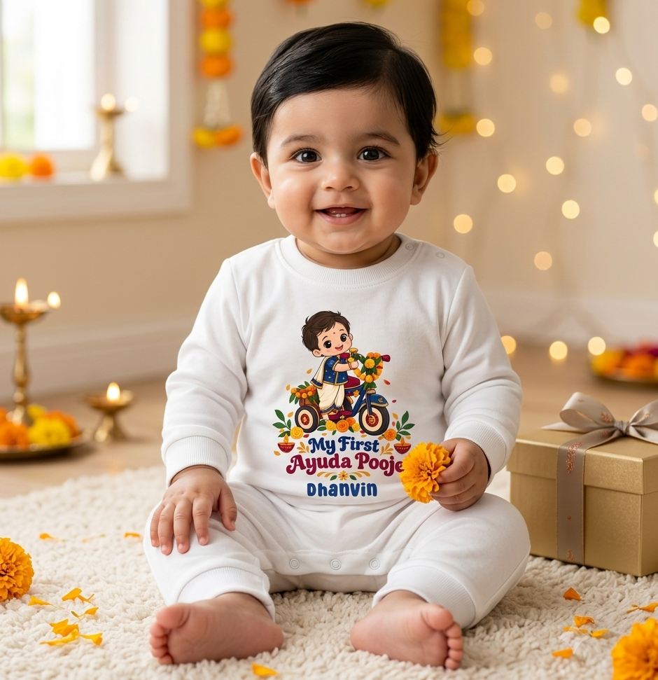 My First Ayuda Pooja With Customized Baby Name _ Full White Romper