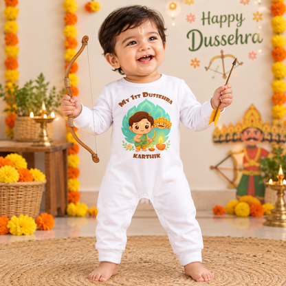 My First Dussehra Romper With Customized Baby Boy Name _ Full White Romper