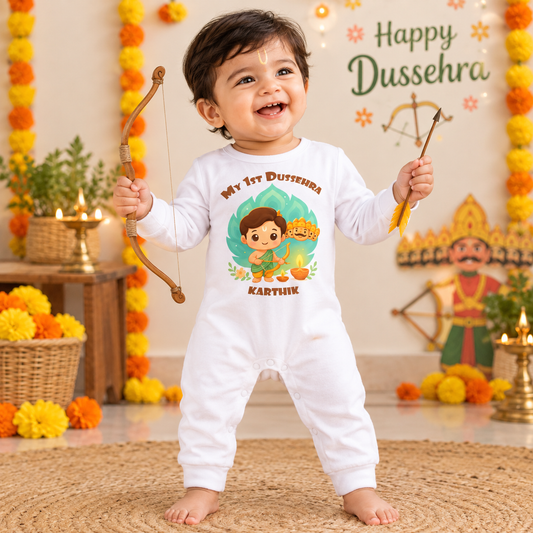 My First Dussehra Romper With Customized Baby Boy Name _ Full White Romper