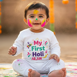 Baby wearing a 'My First Holi Arjun' onesie with colorful decorations.