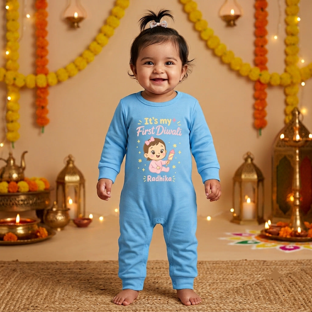 Lighting Up My First Diwali  With Customized Baby Girl Name _ Full Blue Romper