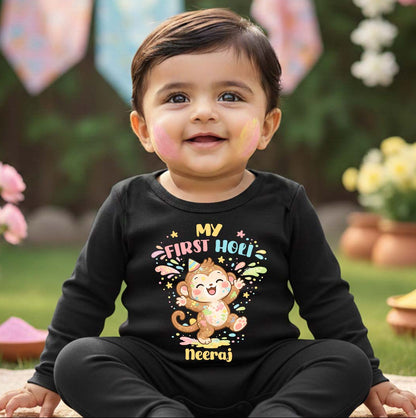 New Born & Baby Clothing | Baby My First Holi With Customized Baby Name | Soft Black Romper