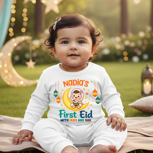 Newborn & Baby Clothing | Baby First Eid With Mom & Dad Romper With Personalized Baby Girl Name | Soft Cotton