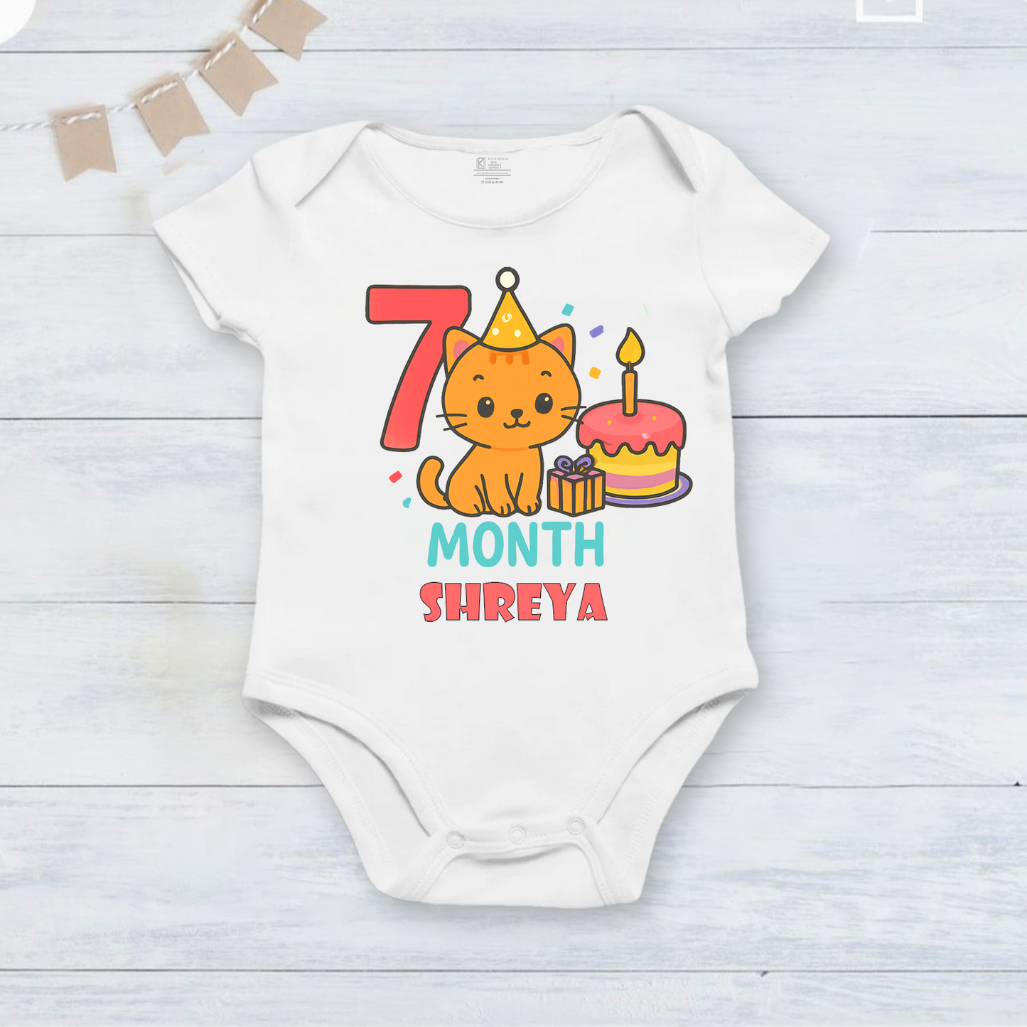 Infant monthly birthday 12 Months of Love cute cat design_ Customized name White Onesie