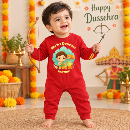 My First Dussehra Romper With Customized Baby Boy Name _ Full Red Romper