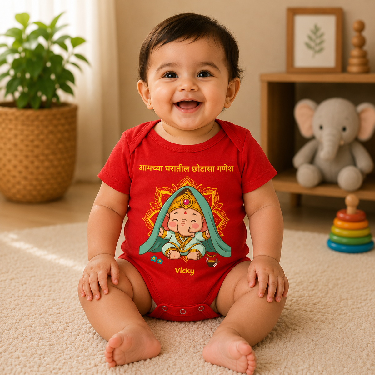 Little Ganesha Of Our Home in Marathi with customised name_ Red Onesie