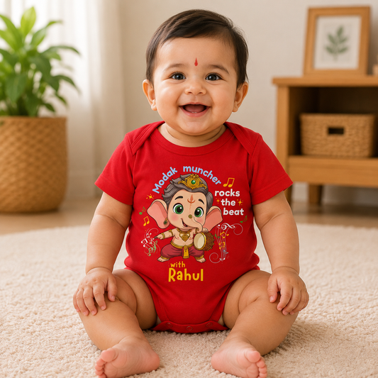 Modak Muncher Rocks The Beat with customised name_ Red Onesie