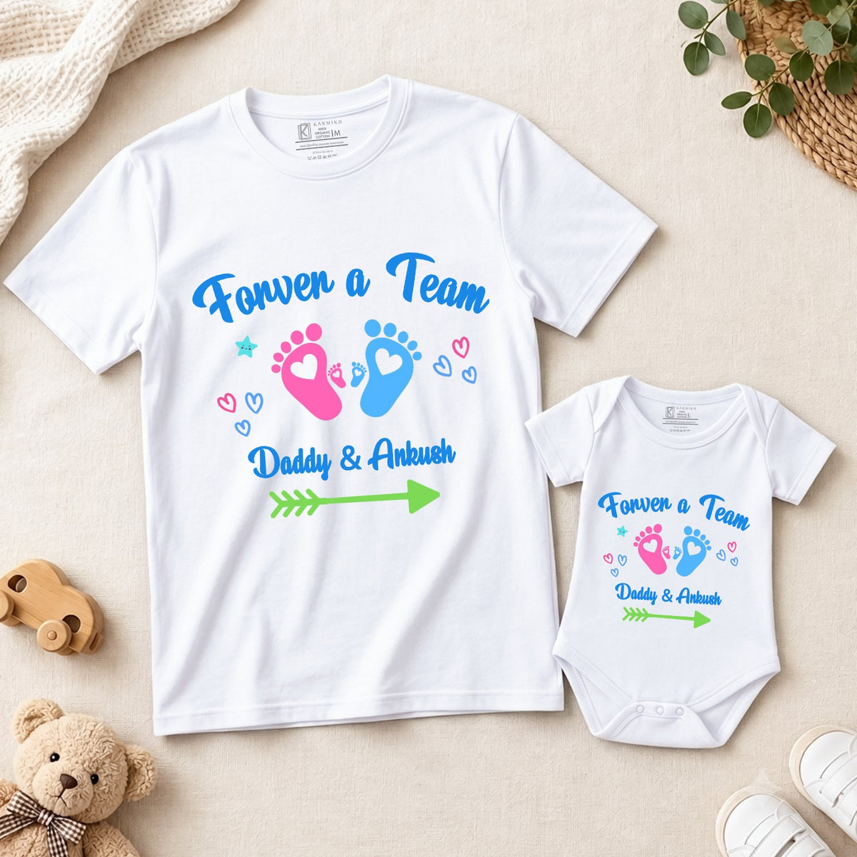 New Born & Baby Clothing | Forever A Team Together With Custom Baby & Father Name Footprints Design Combo | Soft T-shirt