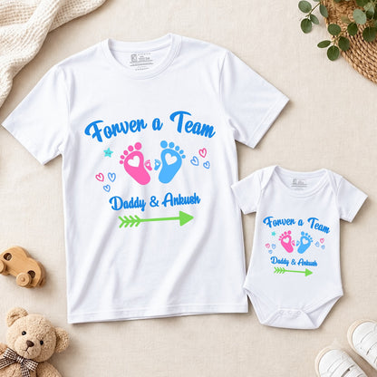 New Born & Baby Clothing | Forever A Team Together With Custom Baby & Father Name Footprints Design Combo | Soft T-shirt