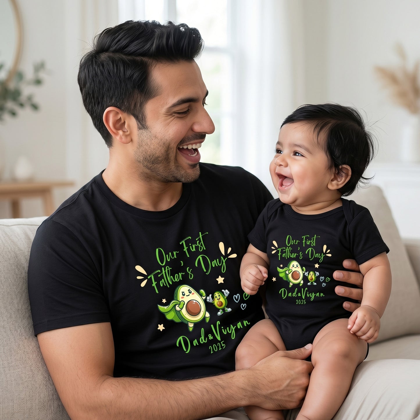 New Born & Baby Clothing | Our First Father's Day Together With Customized Baby Name Twinning | Soft Black T-shirt