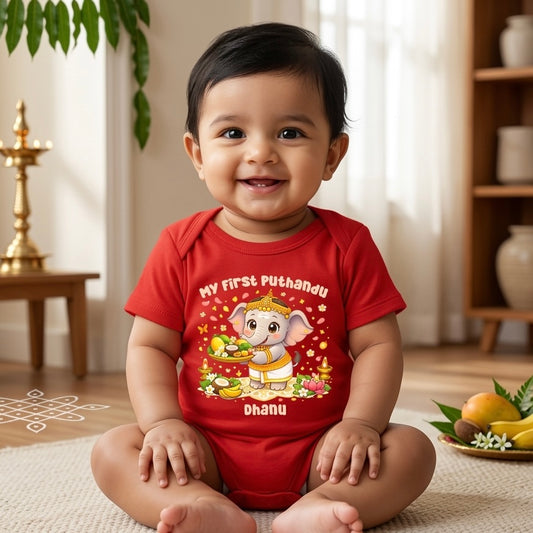 New Born & Baby Clothing | My First Puthandu With Customized Baby Name Red Dress | Soft Cotton