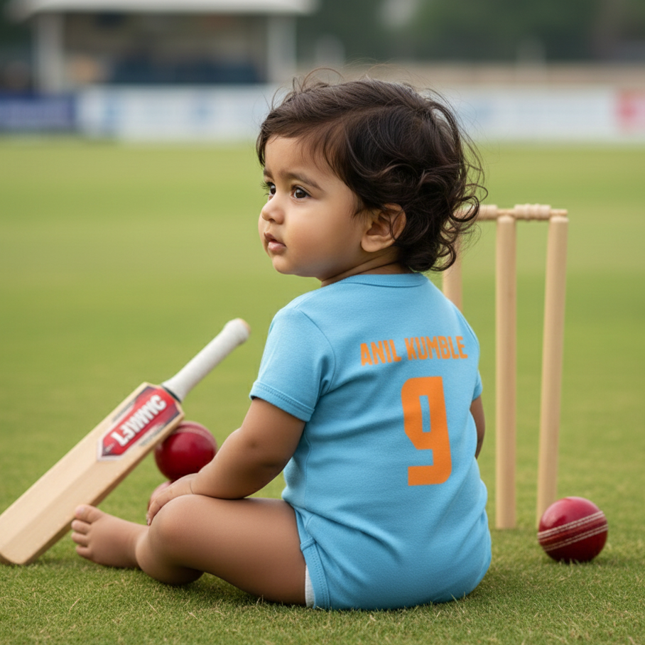 New Born & Baby clothing | Cricketer Indian jersey Inspired Baby Photoshoot Outfit for Baby with Customized Baby Name Printed | Soft Cotton