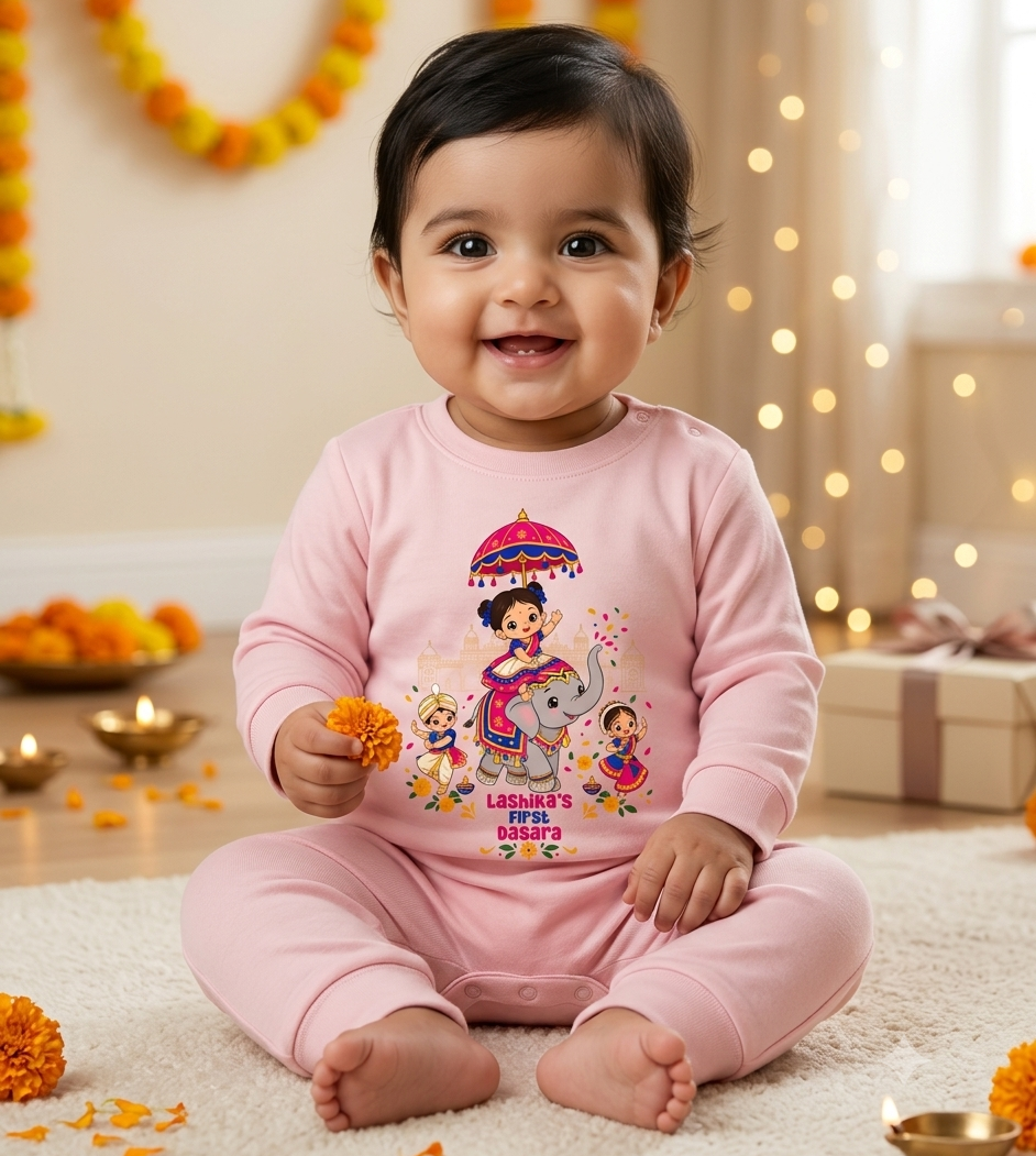 My First Dussehra With Customized Baby Girl Name _ Full Pink Romper