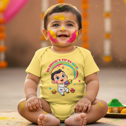 New Born & Baby Clothing | Baby First Holi Dress with Baby Boy Name | Yellow Soft Cotton