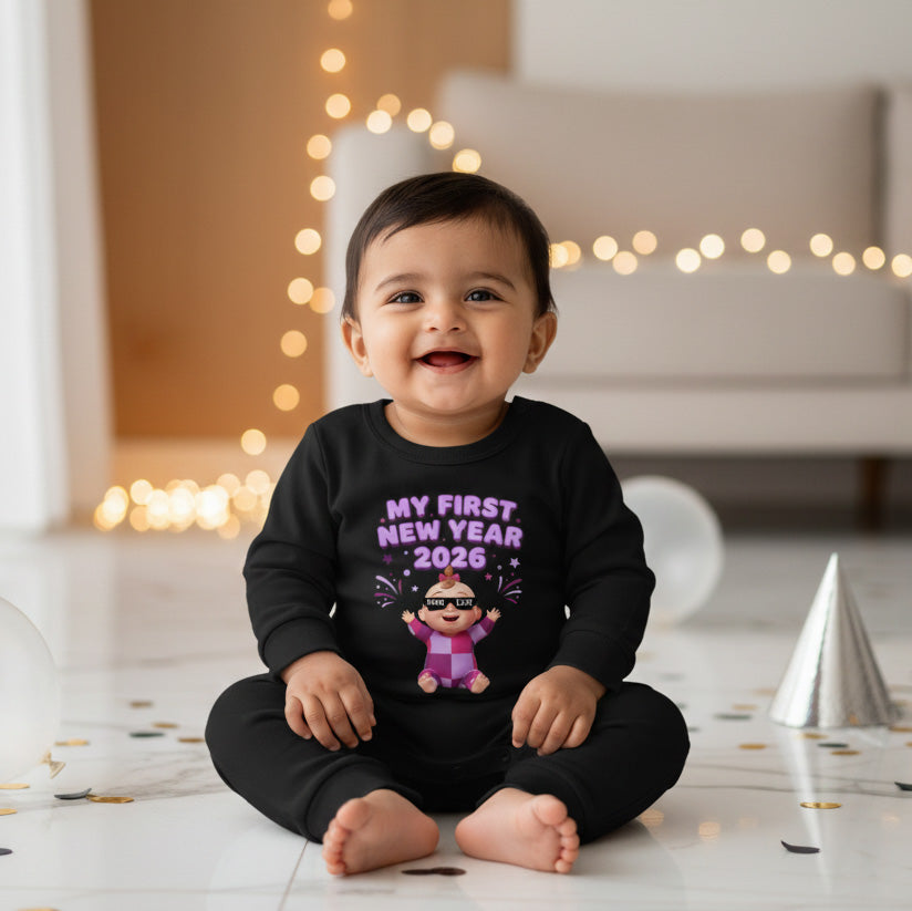 New Born & Baby Clothing | Baby First New Year 2026 Full Black Romper | Soft Cotton