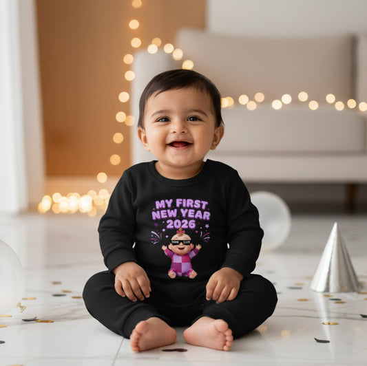 New Born & Baby Clothing | Baby First New Year 2026 Full Black Romper | Soft Cotton