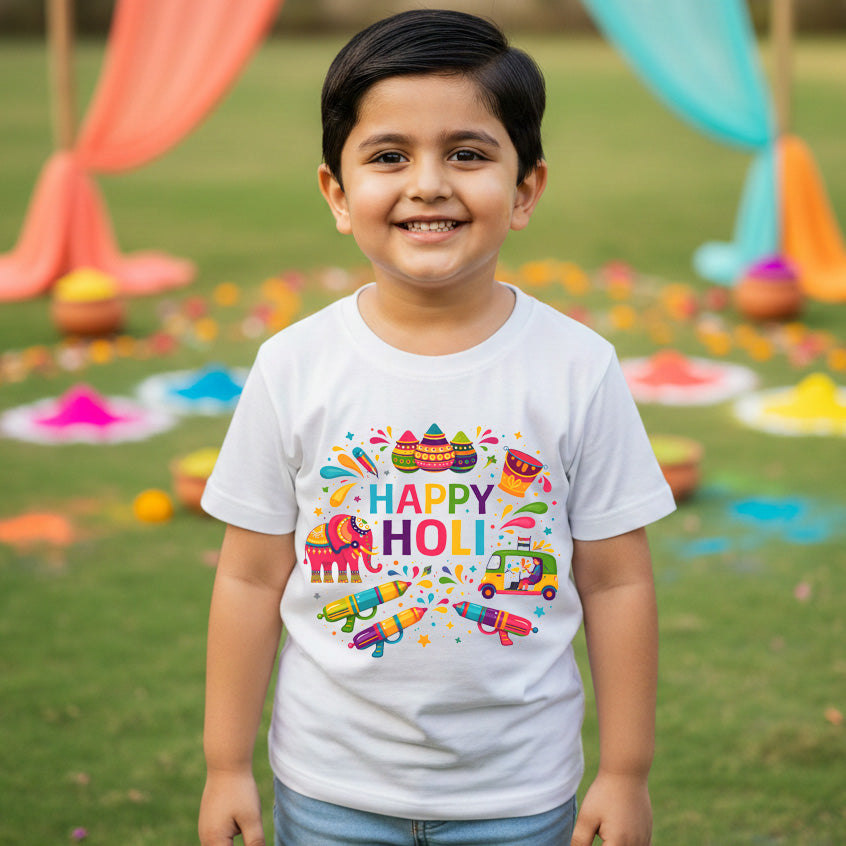 New Born & Baby Clothing | Happy First Holi White T-shirt | Soft Cotton