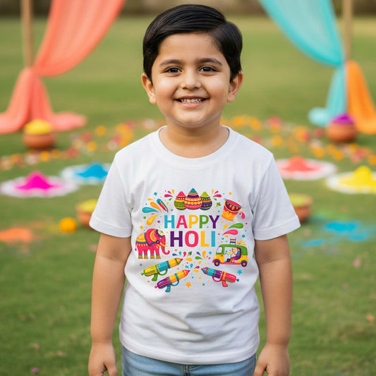 New Born & Baby Clothing | Happy First Holi White T-shirt | Soft Cotton