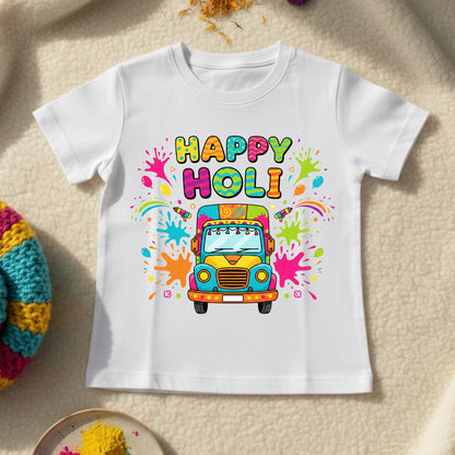 New Born & Baby Clothing | Happy Holi Kid's T-shirt | White Soft Cotton
