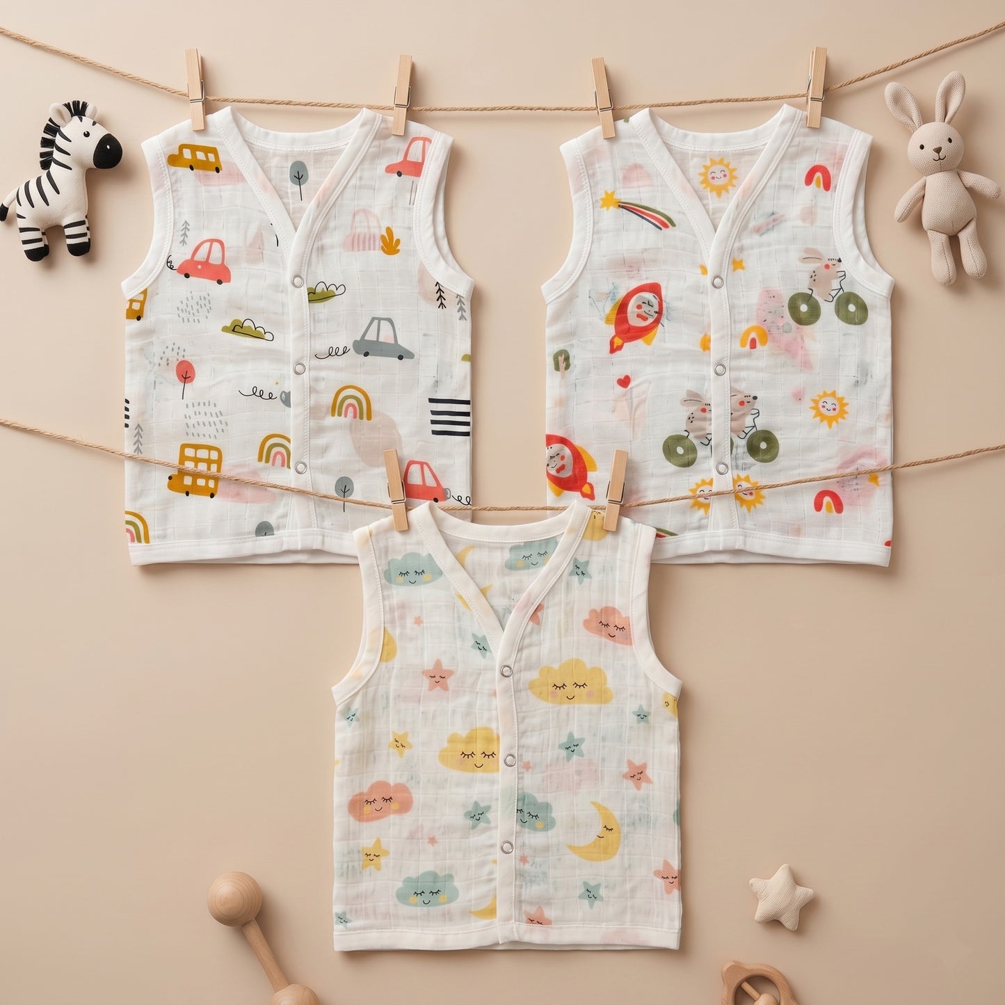 New Born & Baby Clothing | Sleeveless Muslin Baby Dress (0-3 Months) Cute Print 8th Combo | Soft Cotton