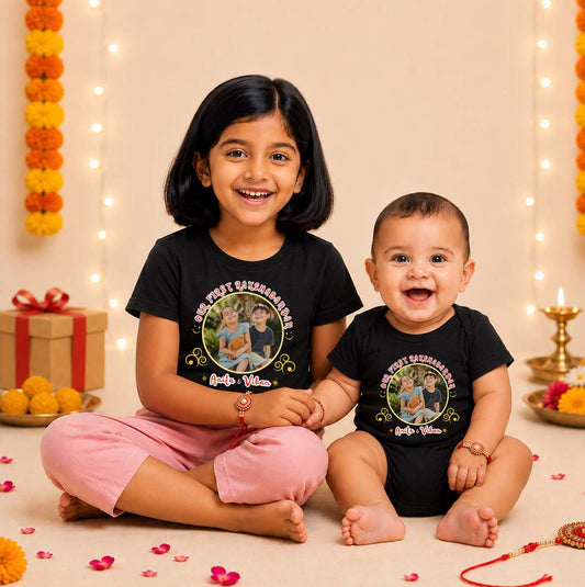 Combo pack of Our First Raksha Bandhan 2 with Customised Name & Picture_ Black Tees & Onesie
