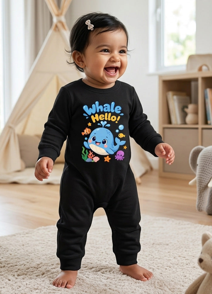 Karmikh Baby Romper | Whale Hello Baby Romper – Black 🐳 | Full Romper