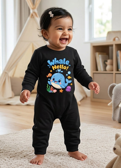 Karmikh Baby Romper | Whale Hello Baby Romper – Black 🐳 | Full Romper