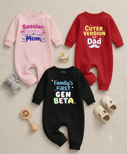 Karmikh Baby Romper Combo of 3 | Sassier Version of Mom, Cuter Version of Dad & Family’s First Gen Beta | Full Sleeve Baby Romper